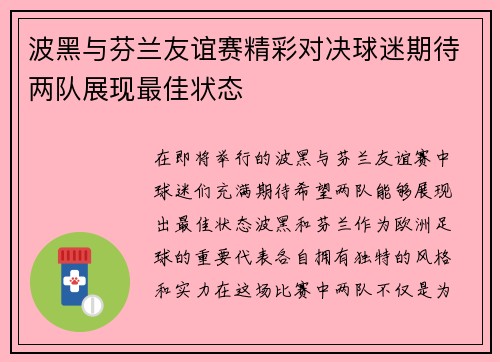 波黑与芬兰友谊赛精彩对决球迷期待两队展现最佳状态